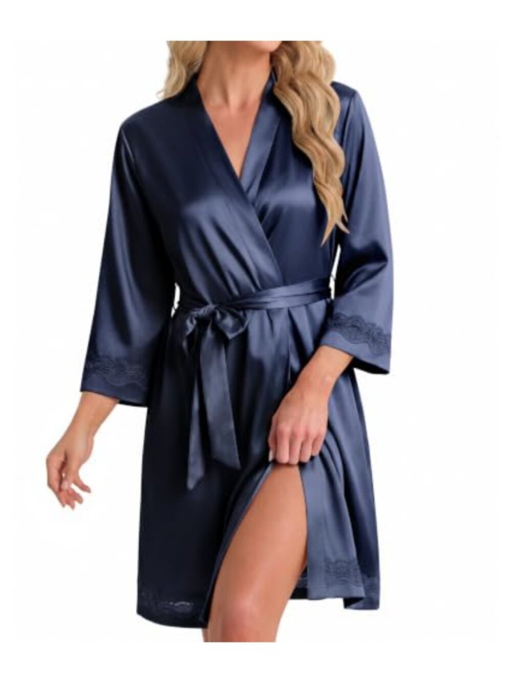Ekouaer Women's Satin Kimono Robe Lace Trim Short Bathrobe Bridal Party